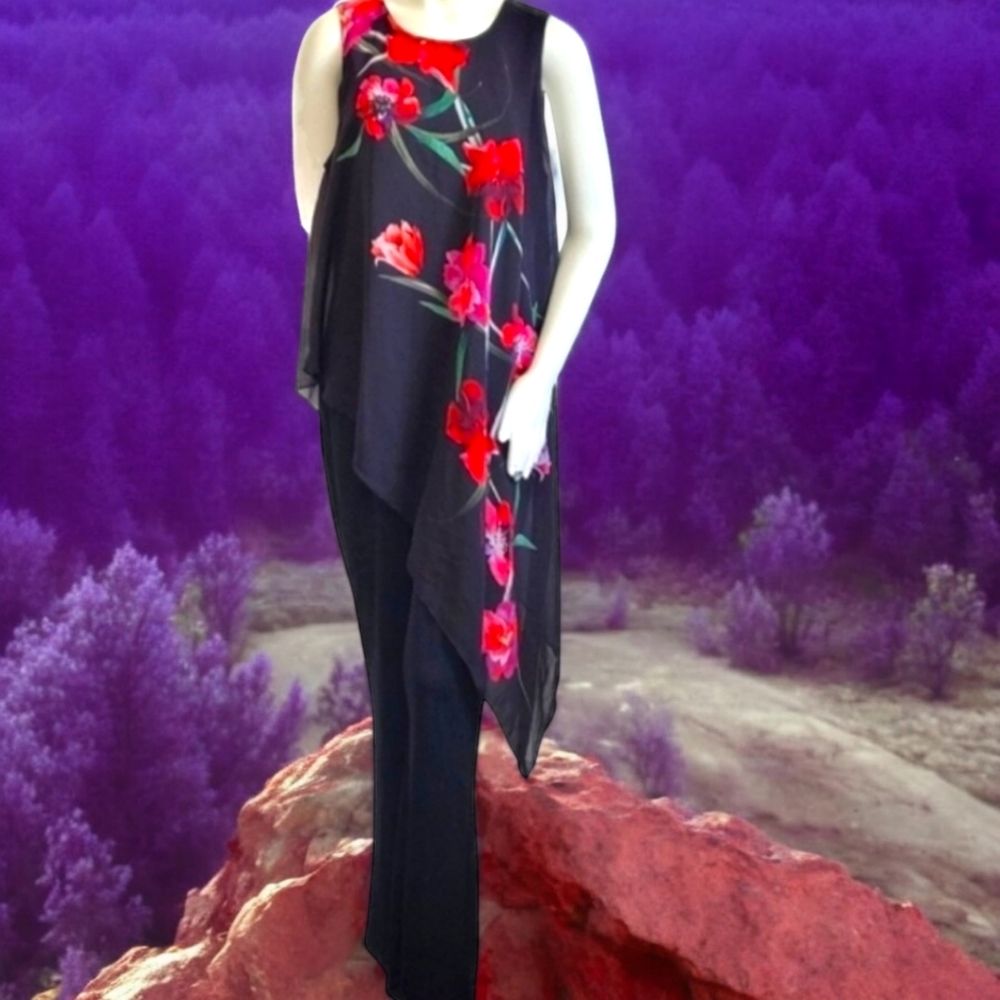 Venus Size 16 Sleeveless Black Floral Asymmetric Drape Jumpsuit